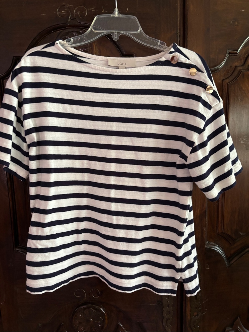 LOFT Navy & White Striped Short-Sleeve Tee with Shoulder Buttons